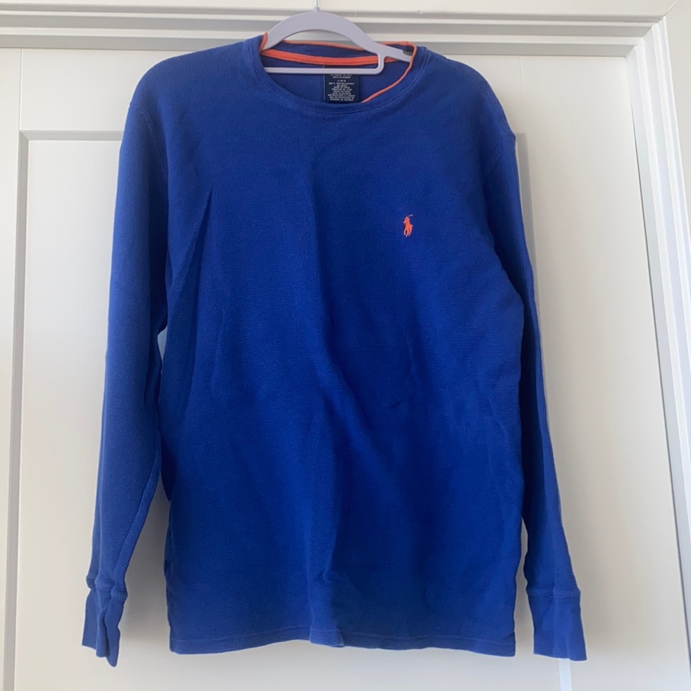 Like New! men’s polo by Ralph Lauren thermal, size large, blue and orange